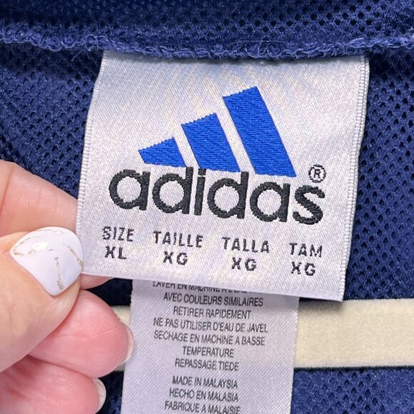 Adidas XL Blue Hooded Windbreaker Jacket Lime Green Stripes Vented Pockets Logo - Picture 5 of 15